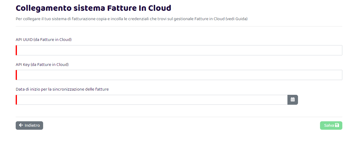 Pagina configurazione credenziali fatture in cloud